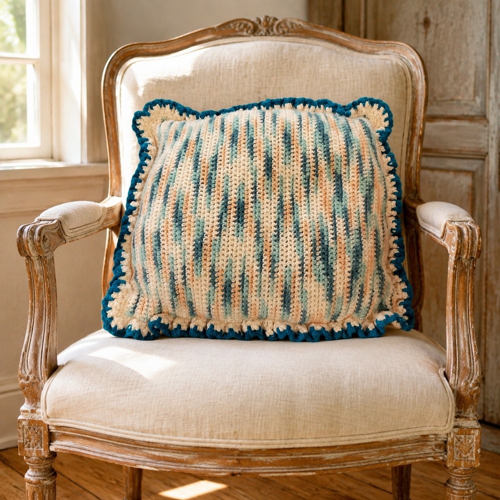 Vintage Handmade Crochet Throw Pillow Variegated Teal Peach Ruffle 18x16